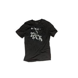 GUESS Women’s Medium Black V-Neck Tee Sparkle Logo Snake Floral Graphic